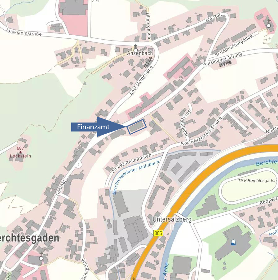  Stadtplan mit Markierung des Finanzamts Berchtesgaden, Salzburger Straße 6