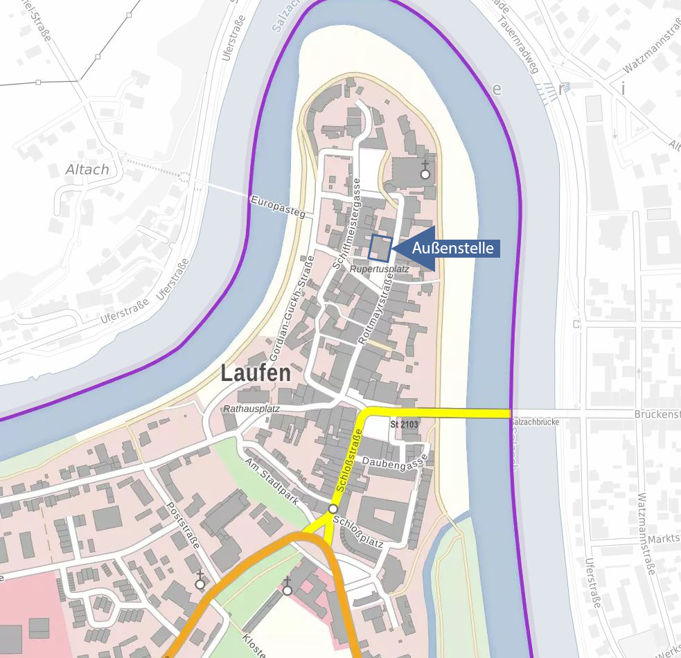  Stadtplan mit Markierung der Außenstelle Laufen, Rottmayrstraße 13
