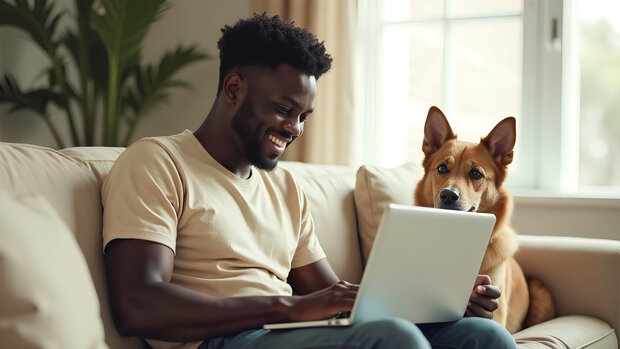  Dunkelhäutiger, lächelnder junger Mann sitzt mit einem Laptop auf den Knien auf einem Sofa, ein Hund sitzt neben ihm und schaut scheinbar mit auf den Bildschirm